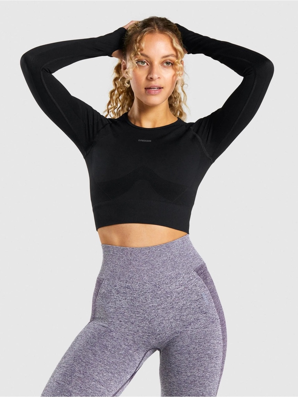 Gymshark Black Flex Long-Sleeve Cropped Athletic Top Thumbhole Open Back